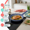 Blue frying pan with dimensions: length 44.1 cm, width 24.5 cm, height 4.6 cm