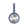 Blue non-stick frying pan, base side up, with long handle