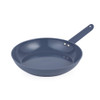 Blue non-stick frying pan with handle, shown from side angle