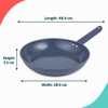 Blue frying pan with dimensions: length 48.4 cm, width 28.9 cm, height 5.1 cm