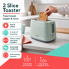 Promotional graphic for green 2-slice toaster with key features and toast insertion