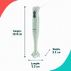 Mint green hand blender with dimensions shown: 19.4cm high, 5.2cm wide