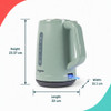Green electric kettle with handle and water level window, angled top view