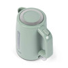 Green electric kettle with handle and water level window, angled top view