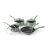 Set of five green non-stick saucepans and frying pans with lids, shown on white background