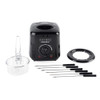 Black electric fondue set with fondue pot, rack, basket and six forks