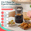 Black compact deep fryer with dimensions: 23 cm long, 19.5 cm wide, 20.5 cm high
