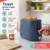 Blue toaster with dimensions: 25.9 cm length, 14.6 cm width, 17.7 cm height