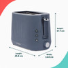 Blue 2-slice toaster on kitchen counter with toast, marmalade, and butter
