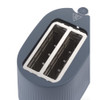 Blue two-slice toaster, top view showing empty slots and ribbed texture