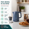 Blue electric kettle with water level indicator, shown on kitchen countertop