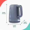 Blue cordless kettle with height, length and width dimensions shown