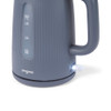 Blue electric kettle with water level window and illuminated power switch, side view