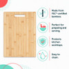 Bamboo chopping board with handle slot and icons showing key features