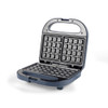 Electric waffle maker with open non-stick plates, shown in blue.