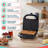 Blue sandwich toaster with dimensions 22.2 x 22.1 x 9.5 cm