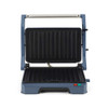 Blue electric panini press with open grill plates, shown from the front.