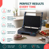 Blue electric grill with dimensions shown: 28.3 x 23.6 x 7.8 cm