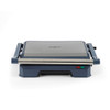 Blue and silver electric grill and panini press, Progress brand, closed, front view
