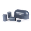 Set of matte blue kitchen storage tins for bread, tea, coffee and sugar, with lids.