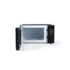 Black microwave oven with open door, showing interior and control panel
