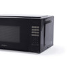 Black digital microwave with side view showing control panel and door