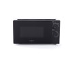 Black compact microwave oven with manual dials, front view
