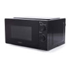 Black manual microwave oven with dials, showing side angle.
