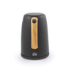 Black electric kettle with wood-effect handle, rear view