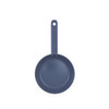 Blue non-stick frying pan shown from above