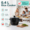 Black rice cooker with lid and dimensions: 19.5cm length, 17cm width, 15cm height