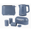 Blue kitchen set with toaster, kettle, bread bin, tea, coffee and sugar canisters