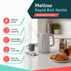 Grey cordless kettle with height, length and width dimensions shown