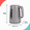 Light grey electric kettle on kitchen counter with mug, tea bags, croissants, and coffee bag