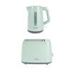 Pale green electric kettle and 2-slice toaster set, modern design, side view