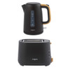 Black kettle and toaster set with wood-effect handles, shown side by side.