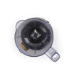 Top-down view of transparent blender jug showing stainless steel blades