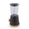 Black blender with clear jug and wood-effect dial, shown from the front.