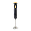 Black hand blender with wood-effect buttons and handle, stainless steel blending shaft