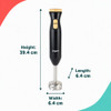 Black hand blender size guide showing 39.4 cm height and 6.4 cm width and length