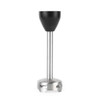 Stainless steel hand blender attachment with black plastic top, shown upright.