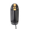 Black wired ergonomic mouse with wood-effect buttons, shown from rear.