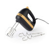 Black and wood hand mixer with beaters and dough hooks, angled on white background