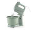 Green stand mixer with bowl, side view, showing beater attachments