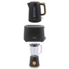 Set of black kettle, two-slice toaster and jug blender with wood accents