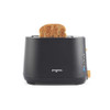 Black 2-slice toaster with toast visible, wood-style control knobs, front view