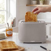 Grey 2-slice toaster in kitchen with toast and marmalade, hand removing a slice.