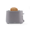 Grey 2-slice toaster with toasted bread, front view