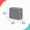 Grey two-slice toaster with dimensions: 17.7cm high, 25.9cm long, 14.6cm wide