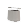 Grey 2-slice toaster with warming rack, angled side view